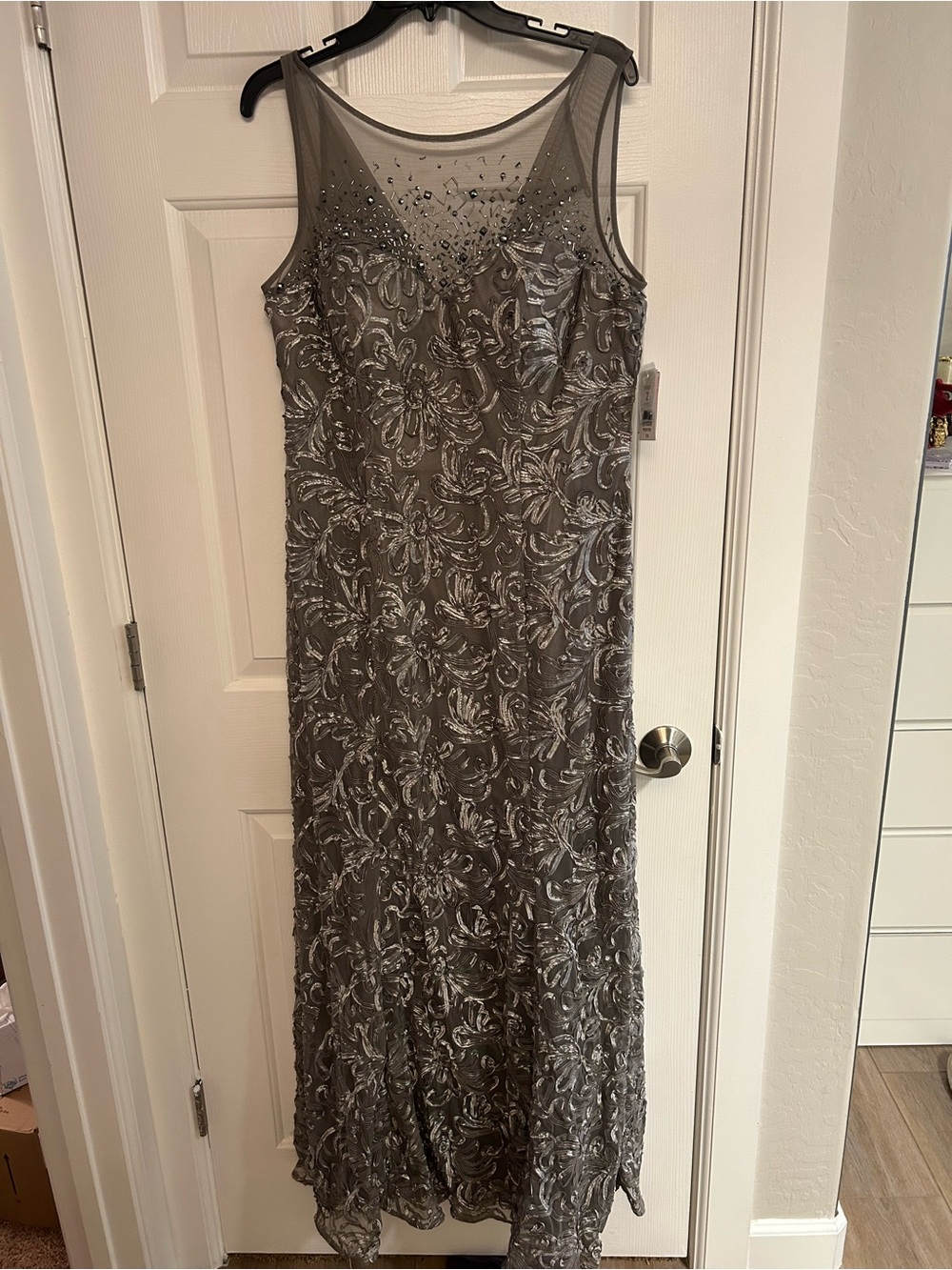 Elegant Beaded Metallic Gray Evening Dress